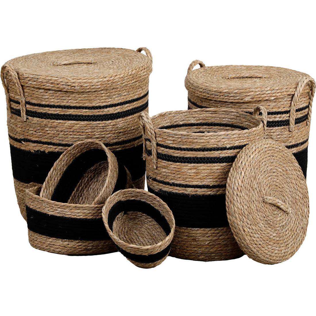 Set de 3 Coșuri Pentru Rufe cu Capac din Paie și Bumbac - Natural/Negru - ramosdecor