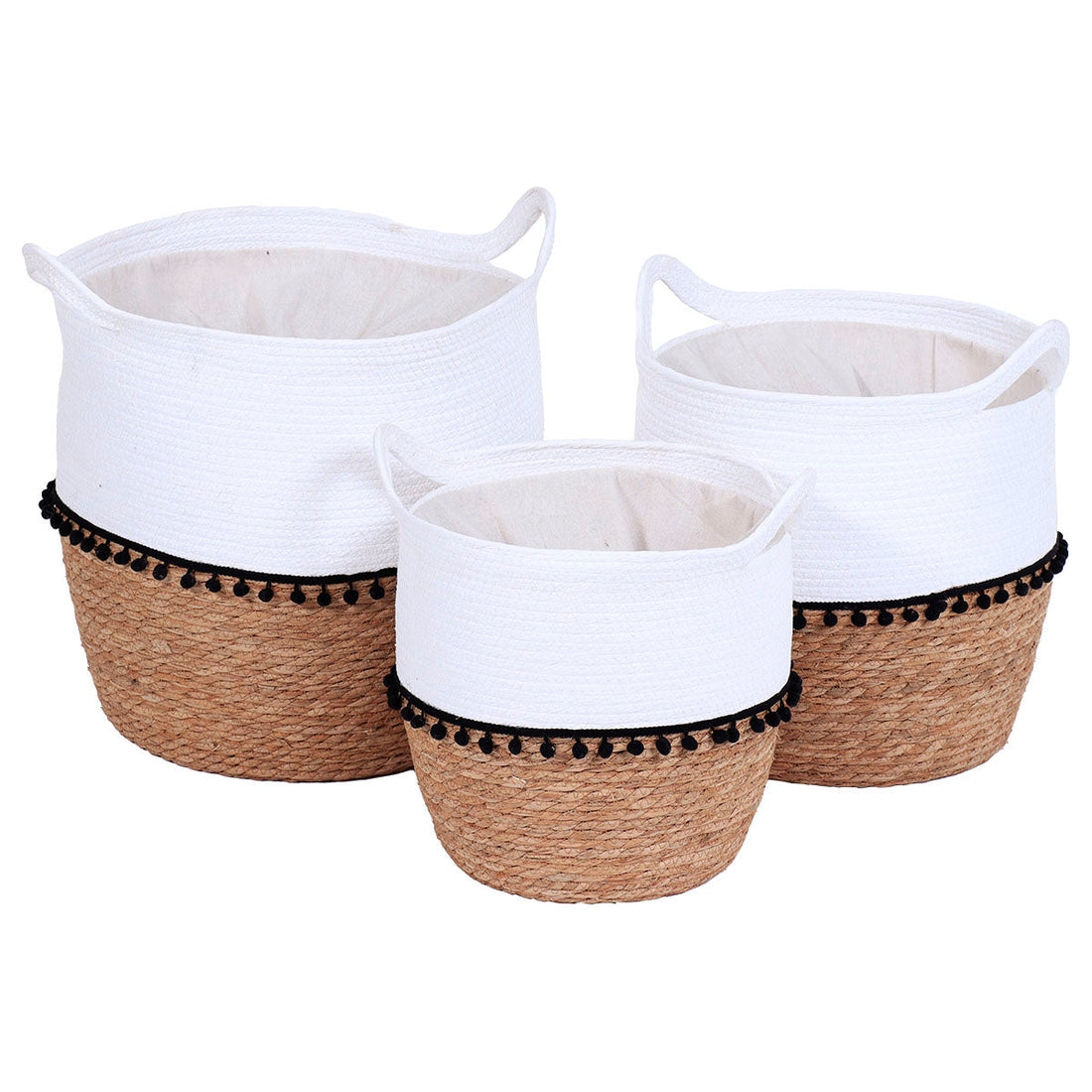 Set de 3 Coșuri din Paie și Hârtie cu Mânere și Pomponi - Alb/Natural - ramosdecor