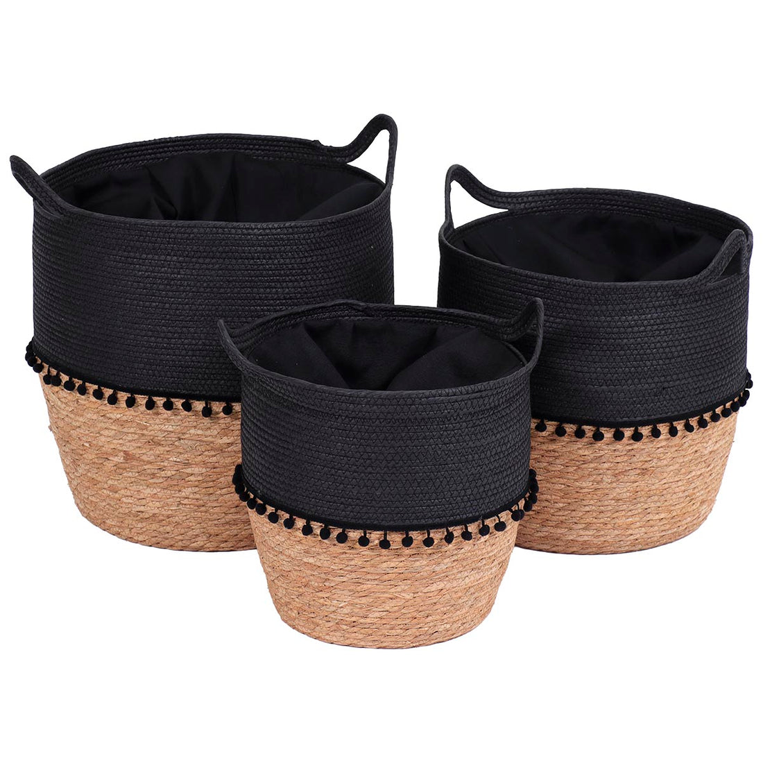 Set de 3 Coșuri din Paie și Hârtie cu Mânere și Pomponi - Negru/Natural - ramosdecor