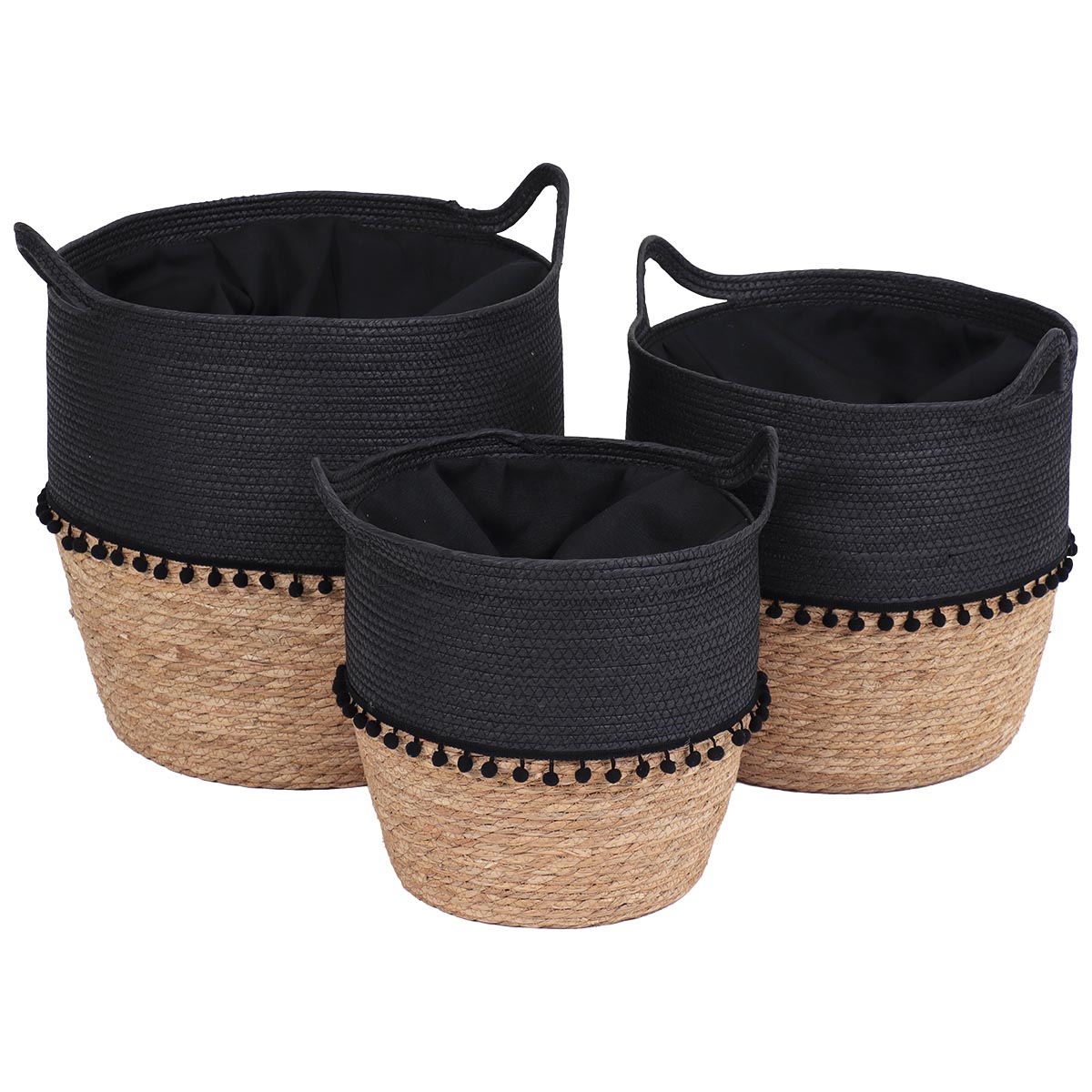 Set de 3 Coșuri din Paie și Hârtie cu Mânere și Pomponi - Negru/Natural - ramosdecor