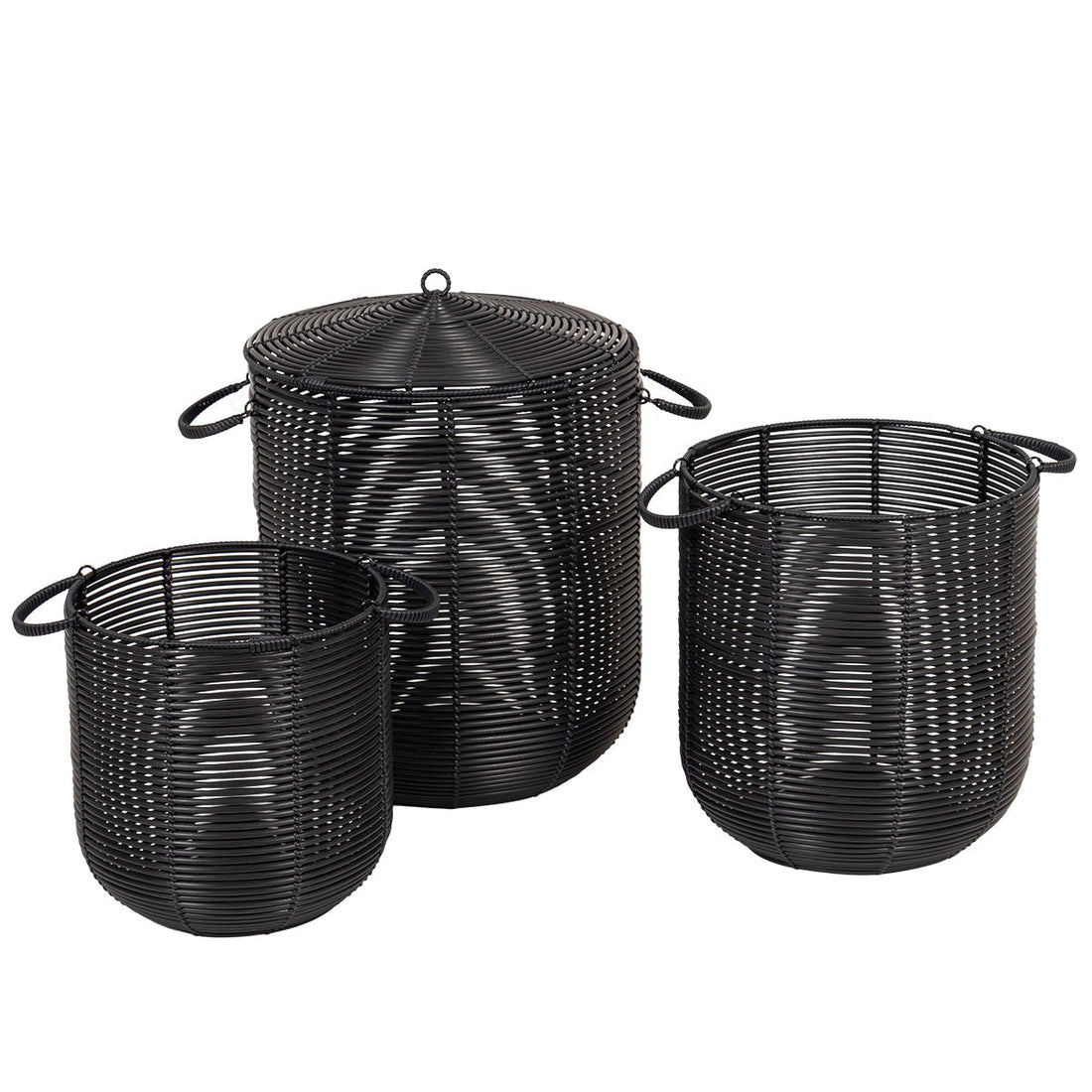 Set de 3 Coșuri Rotunde Pentru Rufe din Polietilenă Reciclat cu Efect Ratan - Negru - ramosdecor