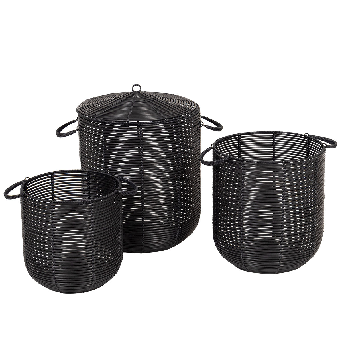 Set de 3 Coșuri Rotunde Pentru Rufe din Polietilenă Reciclat cu Efect Ratan - Negru - ramosdecor
