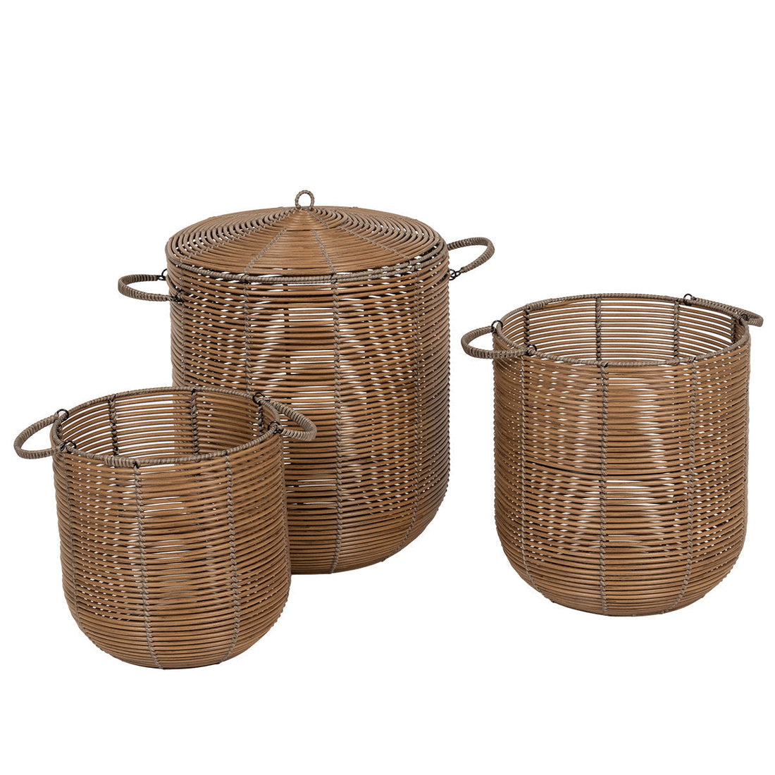 Set de 3 Coșuri Rotunde Pentru Rufe din Polietilenă Reciclat cu Efect Ratan - Natural - ramosdecor