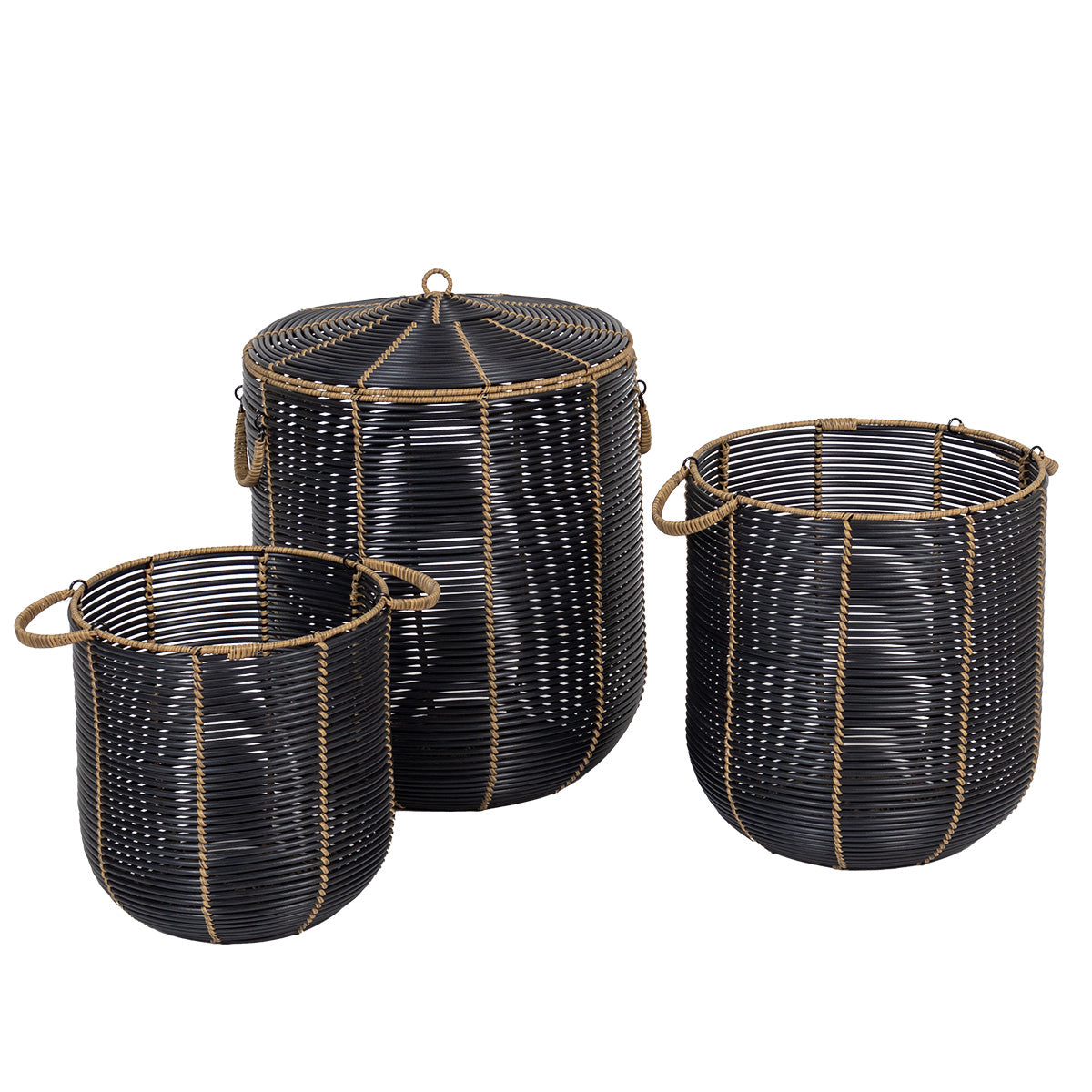 Set de 3 Coșuri Rotunde Pentru Rufe din Polietilenă Reciclat cu Efect Ratan - Negru/Natural - ramosdecor