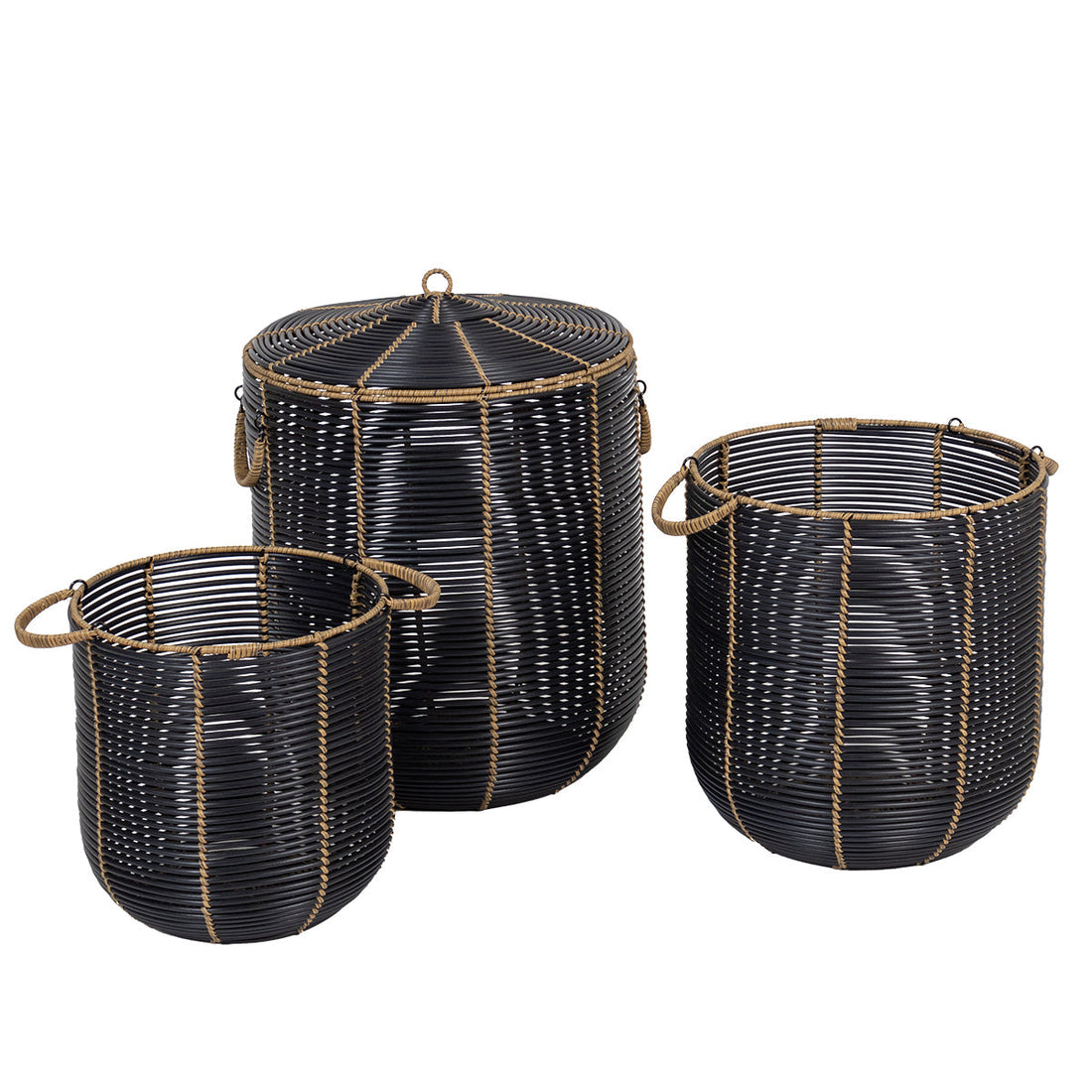 Set de 3 Coșuri Rotunde Pentru Rufe din Polietilenă Reciclat cu Efect Ratan - Negru/Natural - ramosdecor