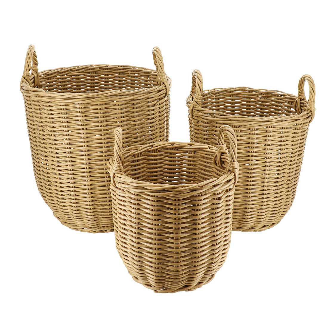 Set de 3 Coșuri Rotunde Pentru Rufe din Polietilenă Reciclat cu Efect de Nuiele - Natural - ramosdecor