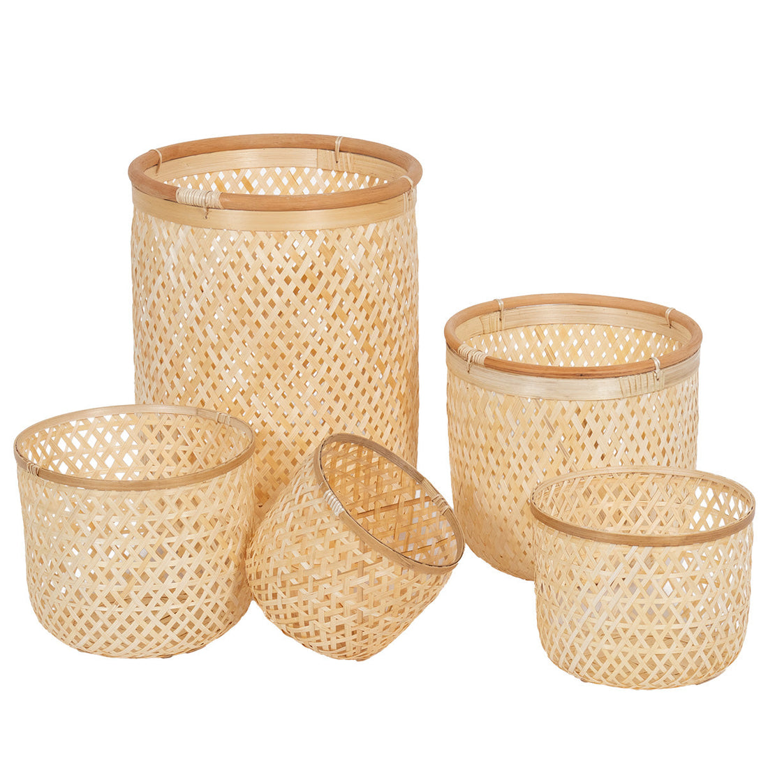 Set de 5 Coșuri Rotunde Pentru Rufe din Ratan și Bambus - Natural - ramosdecor