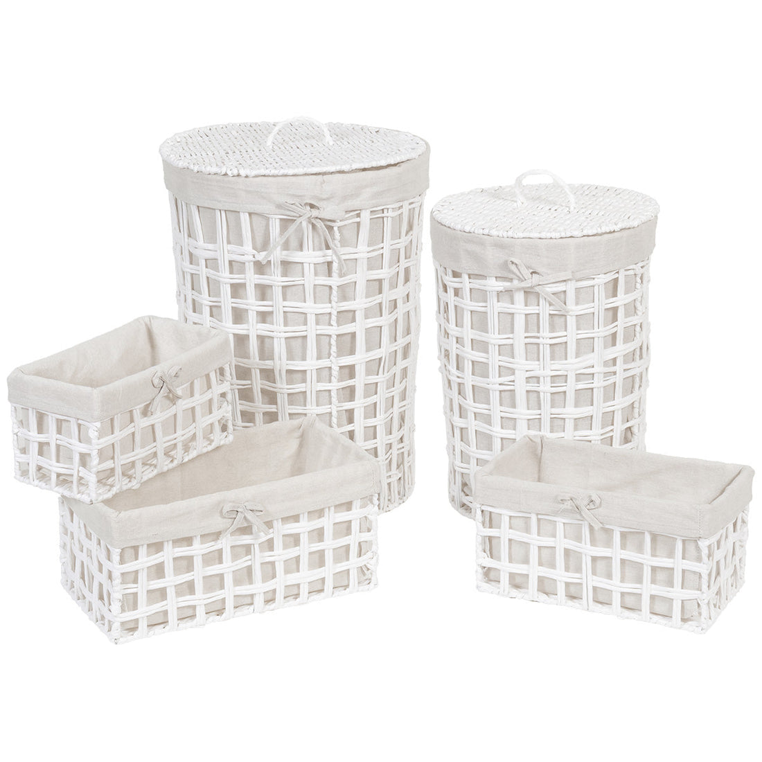 Set de 5 Coșuri din Hârtie Împletită Deschisă - Natural/Tesătură Lână Alb - ramosdecor