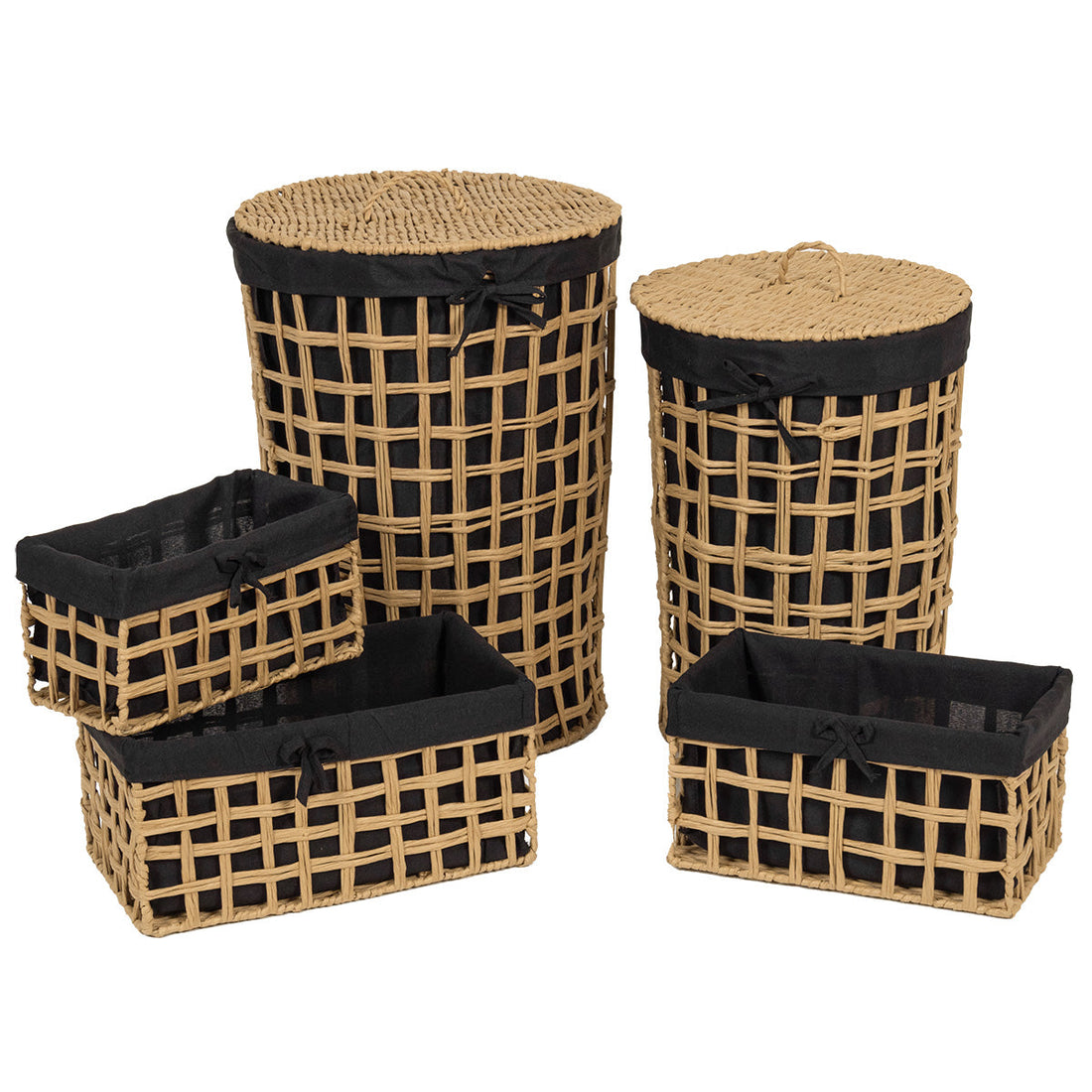 Set de 5 Coșuri din Hârtie Împletită Deschisă - Natural/Tesătură Lână Negru - ramosdecor