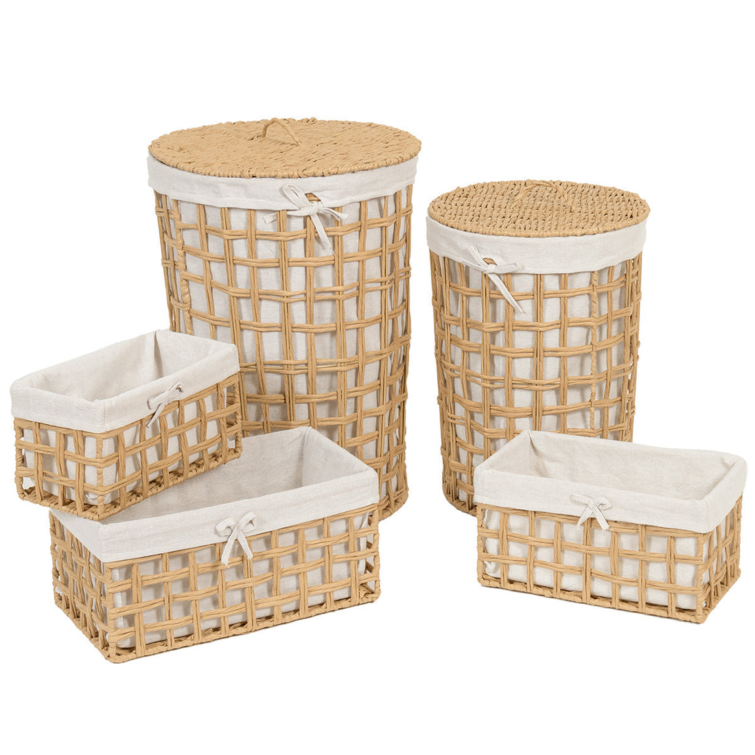 Set de 5 Coșuri din Hârtie Împletită Deschisă - Natural/Tesătură Lână - ramosdecor