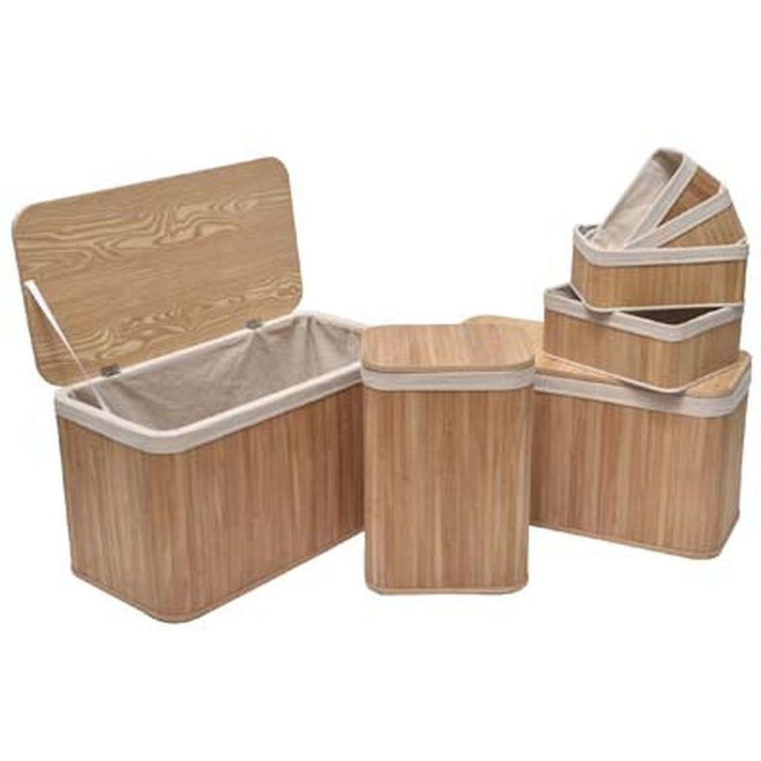 Set de 2 cofrete și 5 coșuri din bambus - Bambus/Tesătură Crem din in - ramosdecor