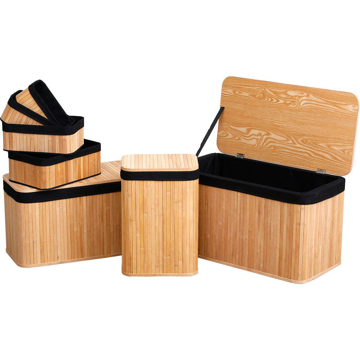 Set de 2 cofrete și 5 coșuri din bambus - Bambus/Tesătură neagră din in - ramosdecor