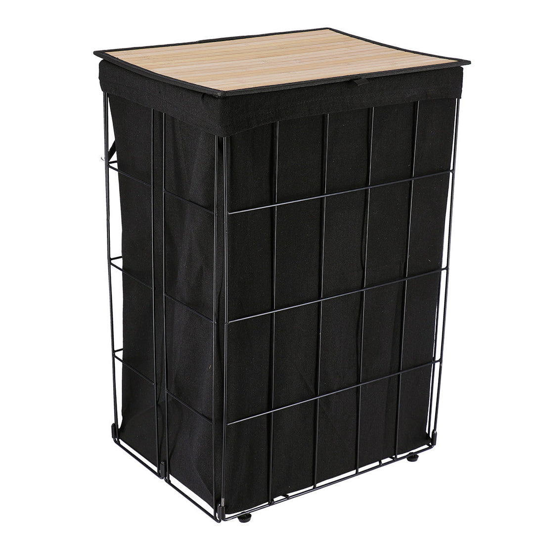Coș Pliabil din Metal Pentru Rufe cu Capac din Bambus - Negru - ramosdecor