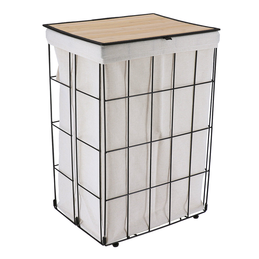 Coș Pliabil din Metal Pentru Rufe cu Capac din Bambus - Alb - ramosdecor