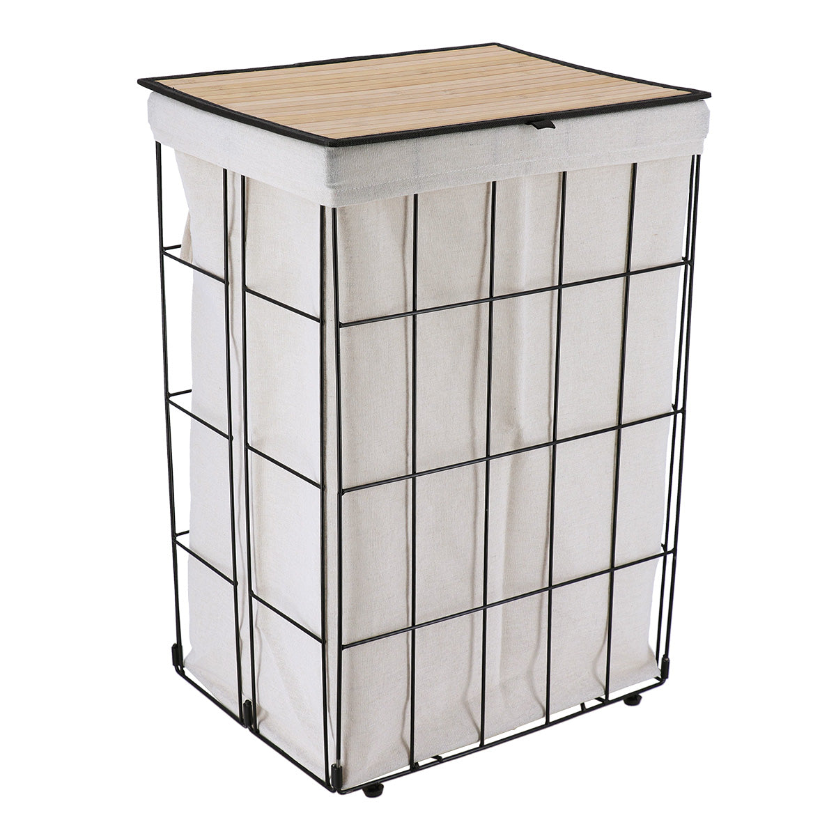 Coș Pliabil din Metal Pentru Rufe cu Capac din Bambus - Alb - ramosdecor