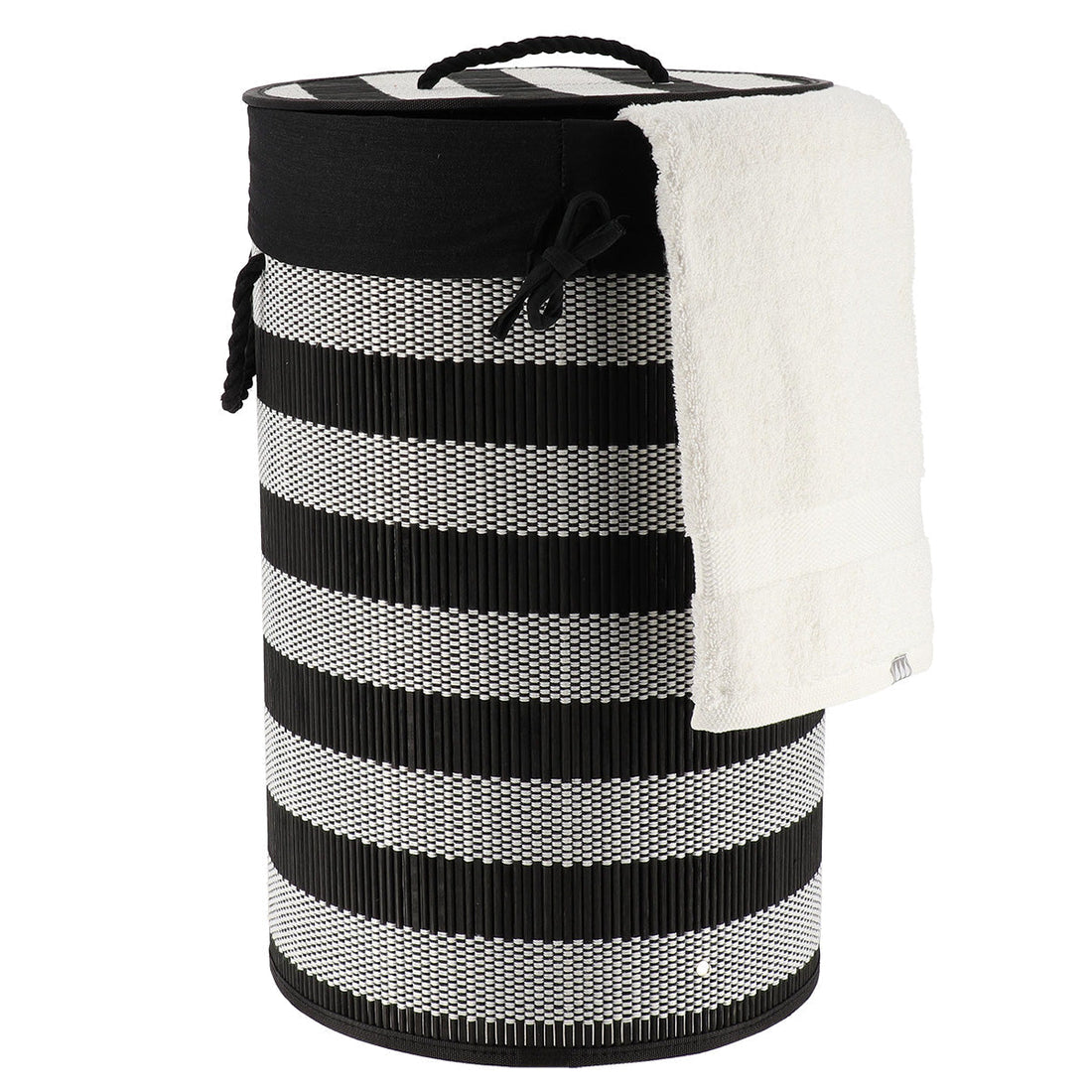 Coș pliabil pentru rufe din bambus și bumbac cu capac - Negru/Alb - ramosdecor