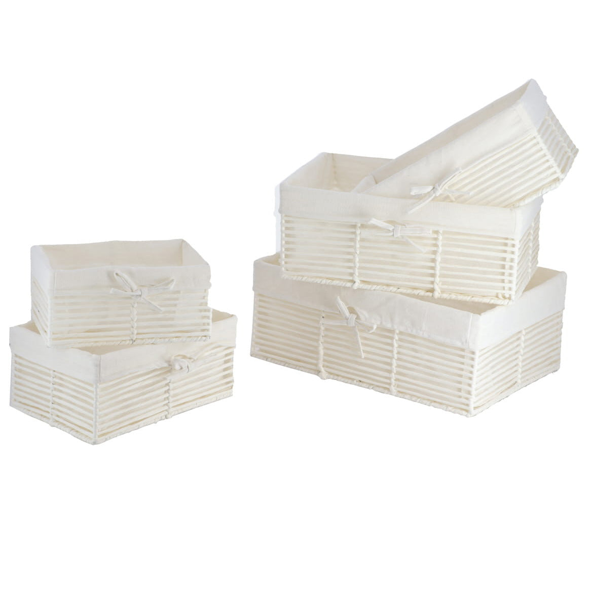 Set de 5 Coșuri cu Structură Metalică - Alb/Material Textil Alb - ramosdecor
