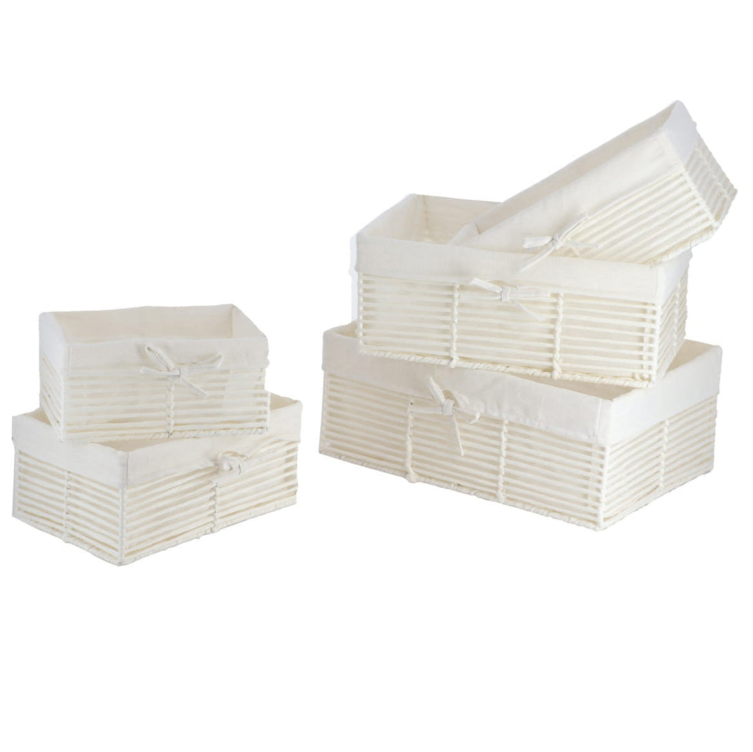 Set de 5 Coșuri cu Structură Metalică - Alb/Material Textil Alb - ramosdecor
