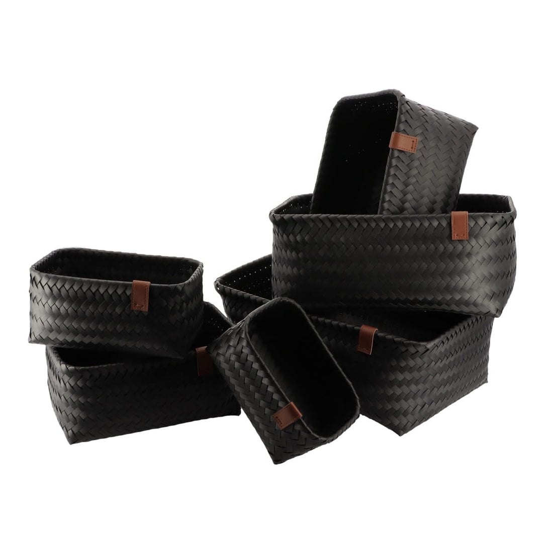 Set de 6 Coșuri din PP cu Curea din Piele PVC Maro - Negru - ramosdecor