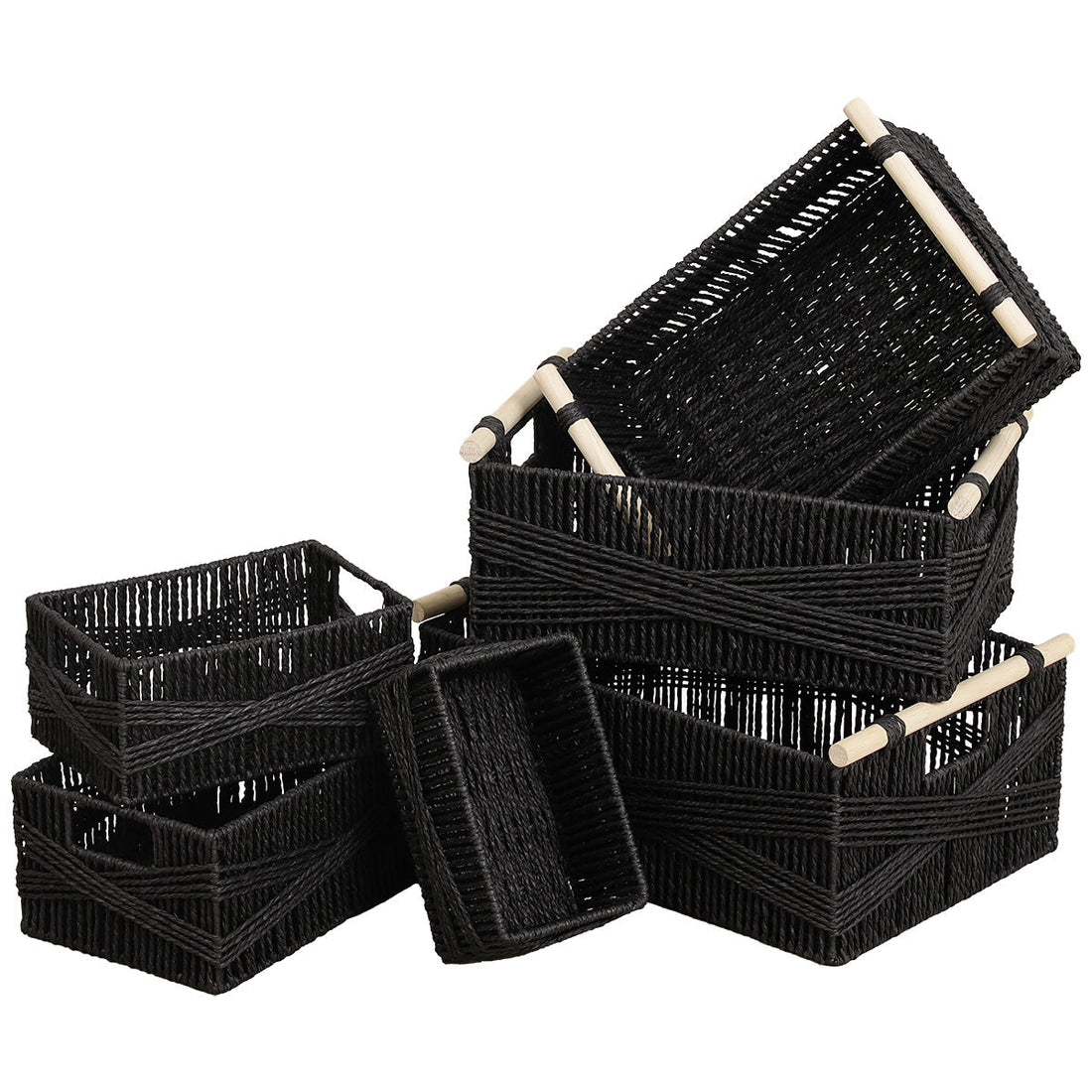 Set de 6 Coșuri din Hârtie cu Mânere din Lemn - Negru - ramosdecor