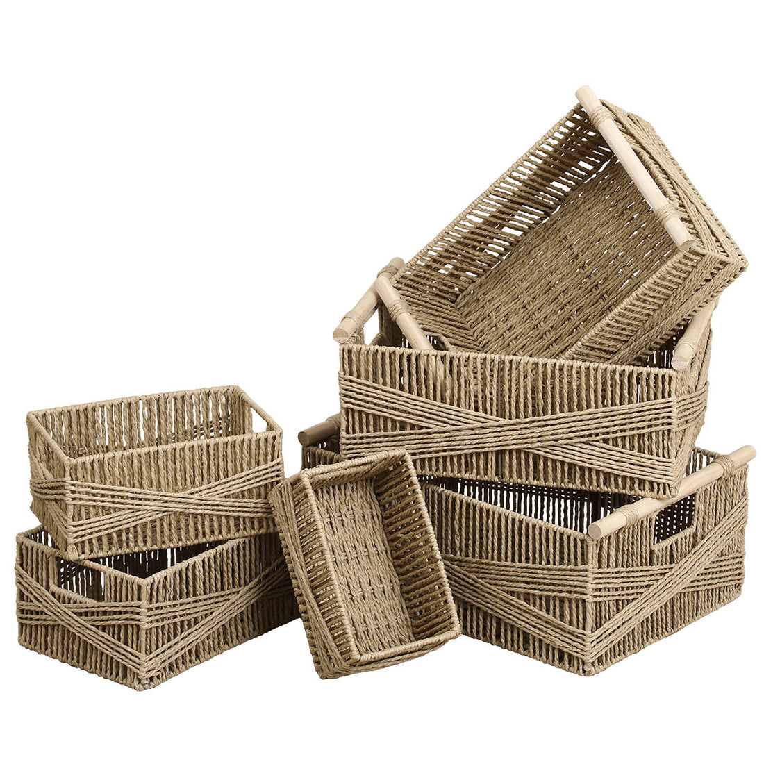 Set de 6 Coșuri din Hârtie cu Mânere din Lemn - Natural - ramosdecor