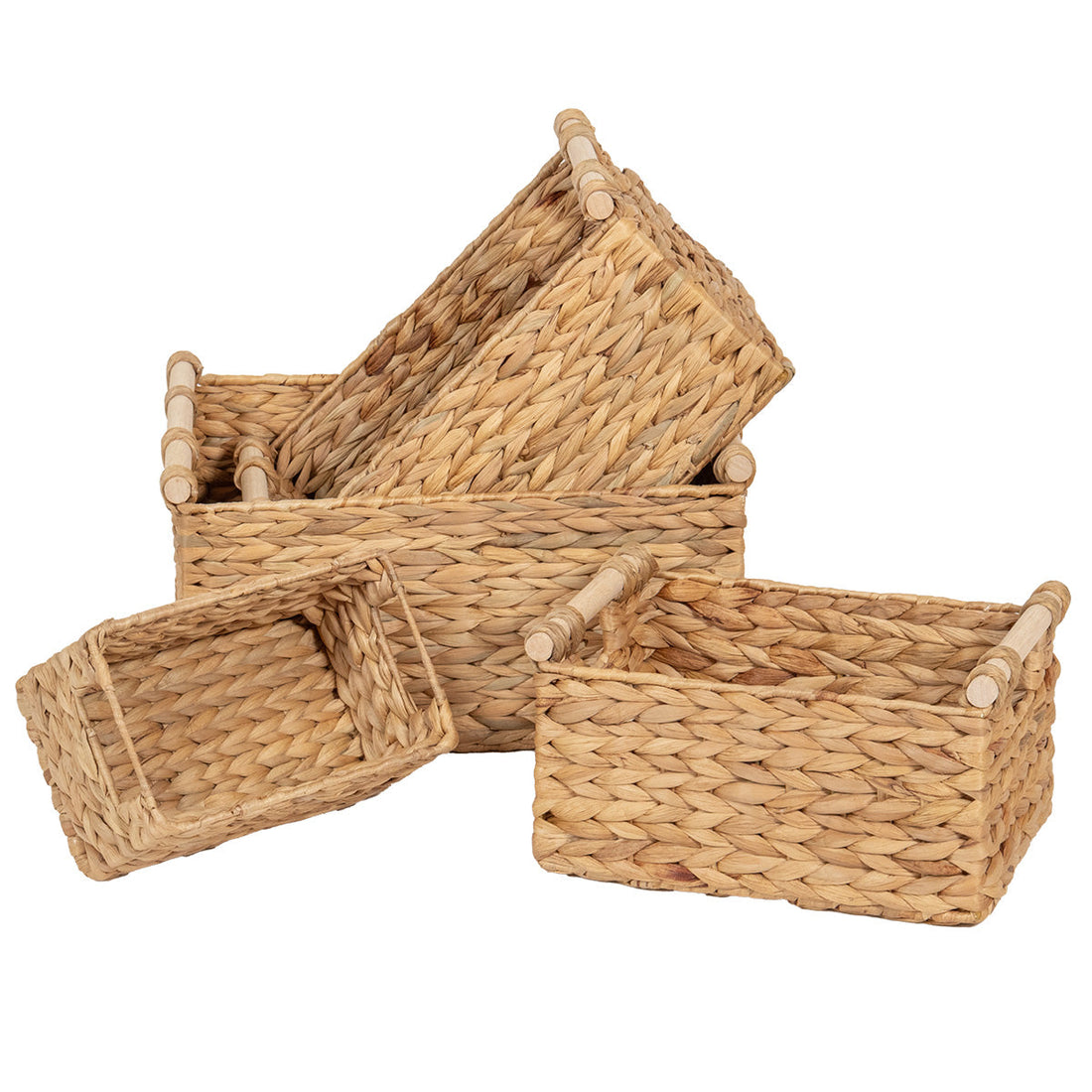 Set de 4 Coșuri din Zambilă de Apă cu Mânere din Lemn - Natural - ramosdecor
