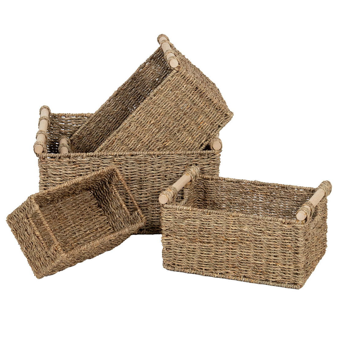 Set de 4 Coșuri din Materiale Vegetale cu Mânere din Lemn - Natural - ramosdecor