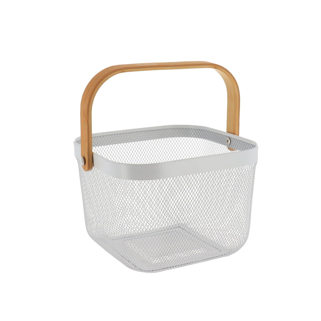 Coș de Depozitare Pătrat din Metal cu Mâner din Bambus - Alb - ramosdecor