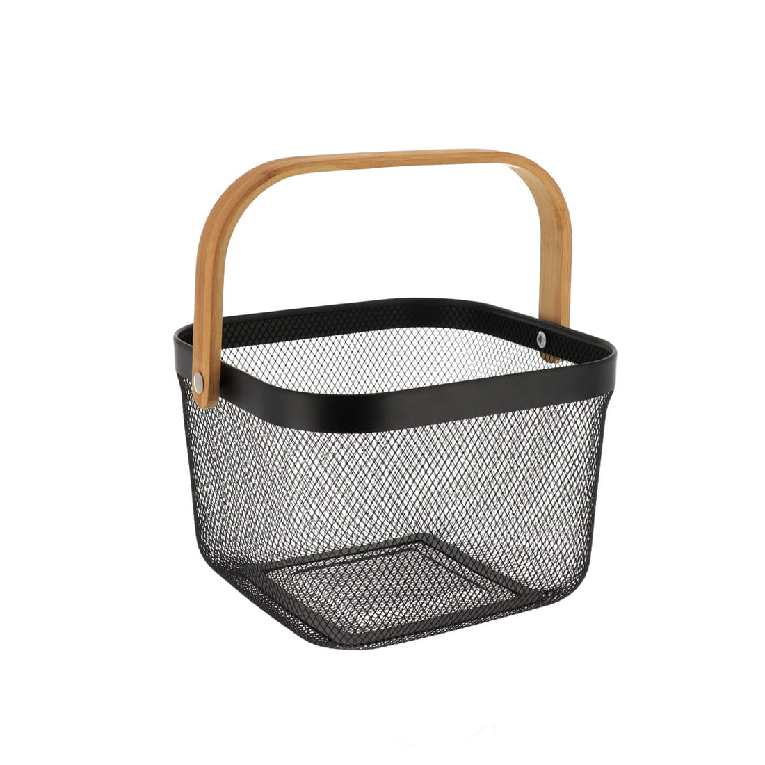 Coș de Depozitare Pătrat din Metal cu Mâner din Bambus - Negru - ramosdecor