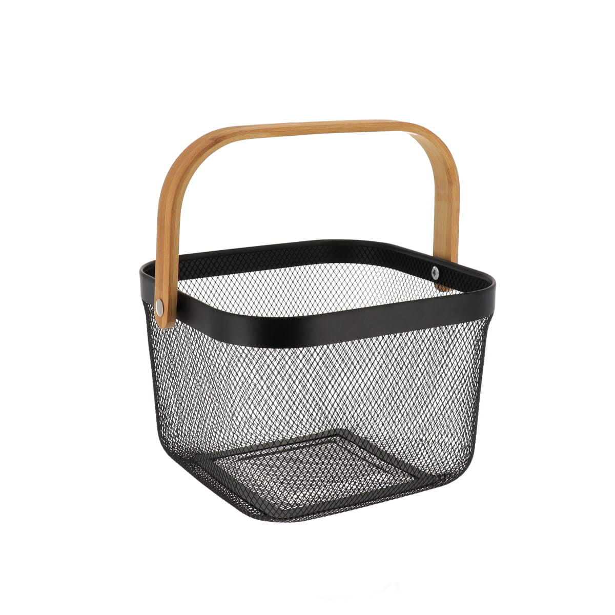 Coș de Depozitare Pătrat din Metal cu Mâner din Bambus - Negru - ramosdecor