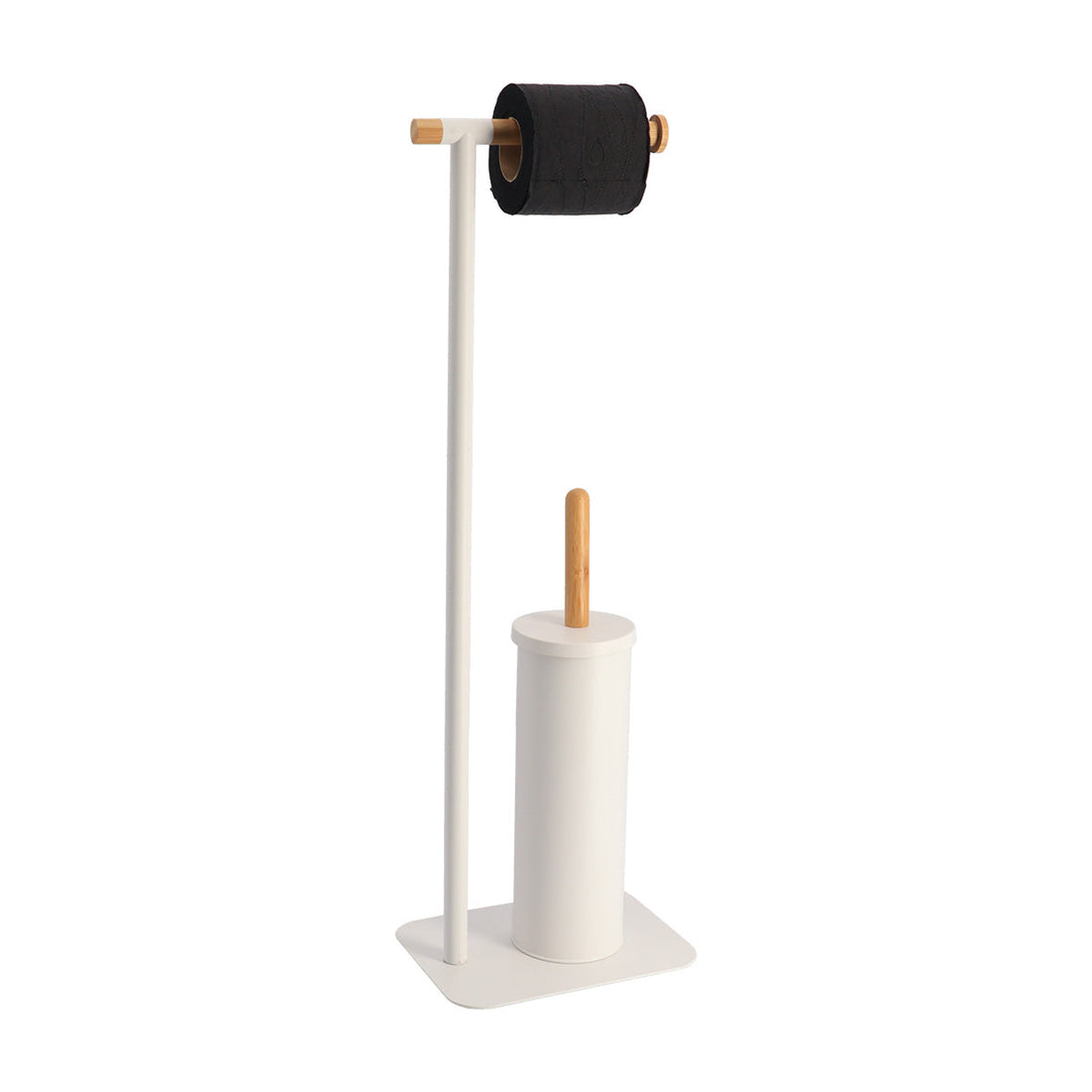Perie de toaletă și dispenser pentru hârtie igienică din metal și bambus - Alb/bambus - ramosdecor