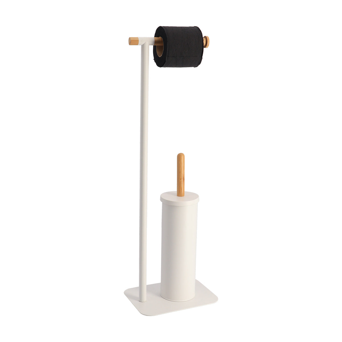Perie de toaletă și dispenser pentru hârtie igienică din metal și bambus - Alb/bambus - ramosdecor