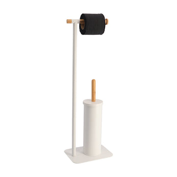 Perie de toaletă și dispenser pentru hârtie igienică din metal și bambus - Alb/bambus - ramosdecor