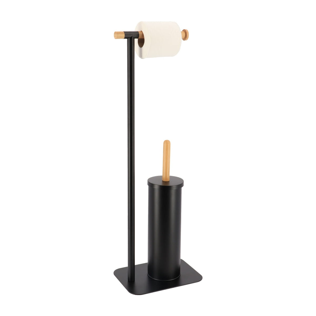 Perie de toaletă și dispenser pentru hârtie igienică din metal și bambus - negru/bambus. - ramosdecor