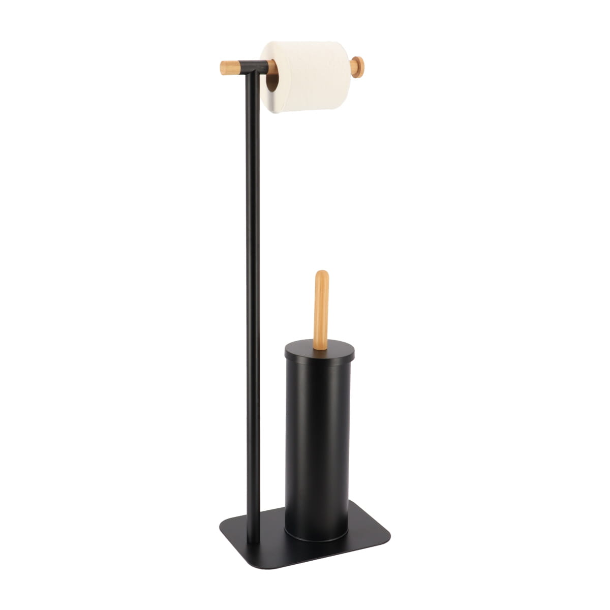 Perie de toaletă și dispenser pentru hârtie igienică din metal și bambus - negru/bambus. - ramosdecor
