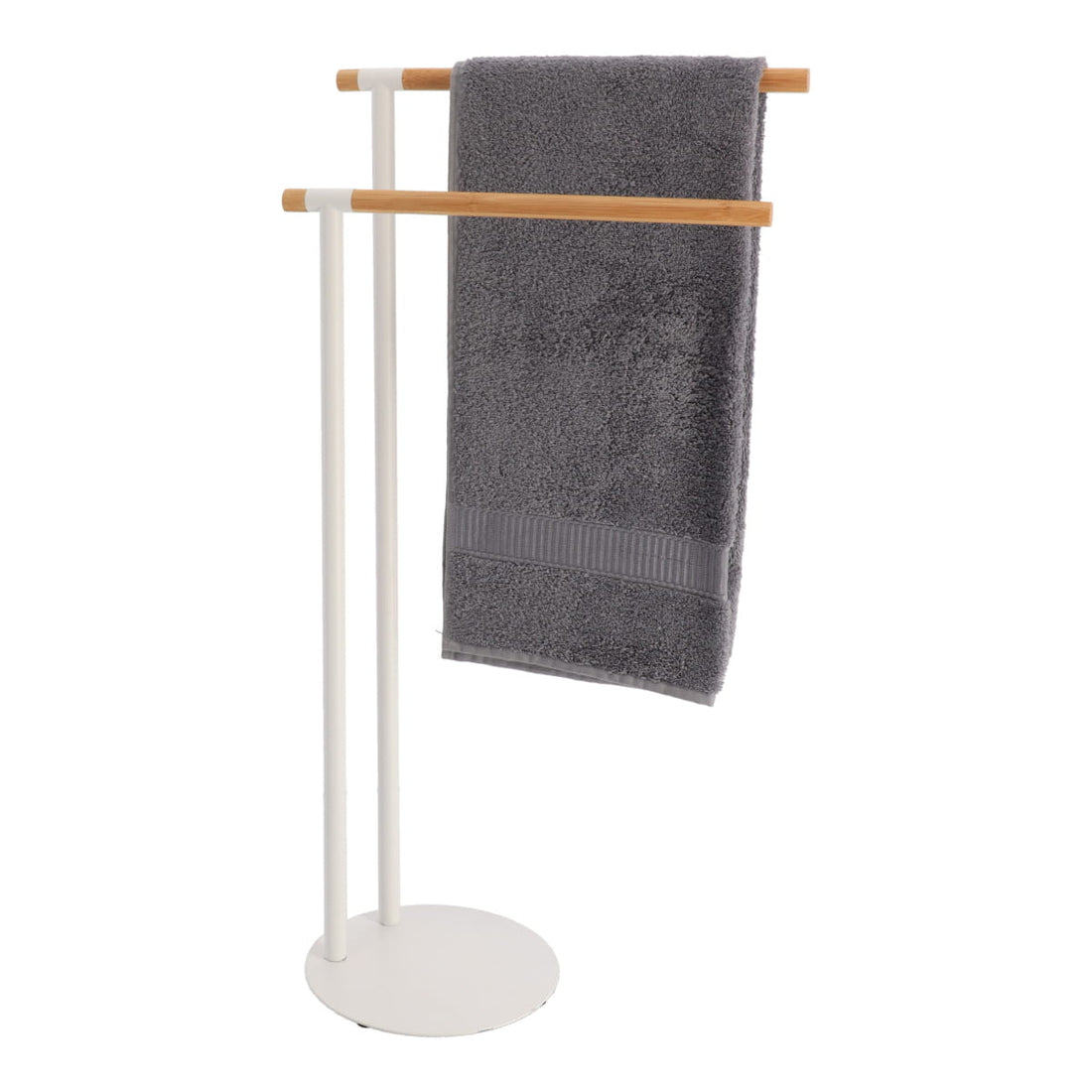 Suport metalic pentru prosoape cu 2 bare din bambus - Alb/Bambus prezentat într-un decor modern marca Ramos