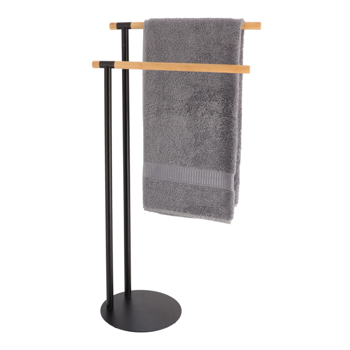 Suport metalic pentru prosoape cu 2 bare din bambus - Negru/Bambus prezentat într-un decor modern marca Ramos