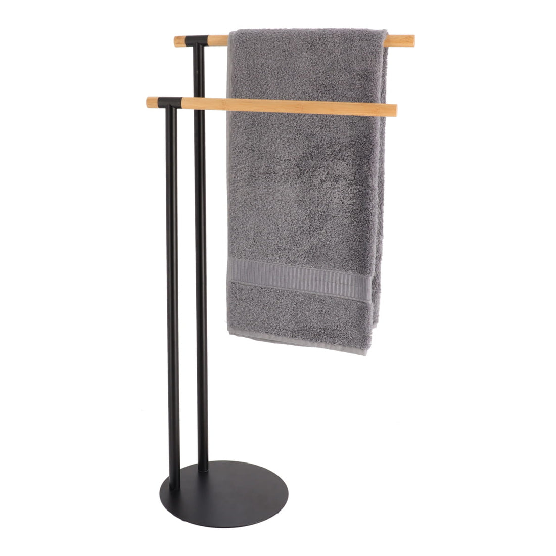 Suport metalic pentru prosoape cu 2 bare din bambus - Negru/Bambus prezentat într-un decor modern marca Ramos