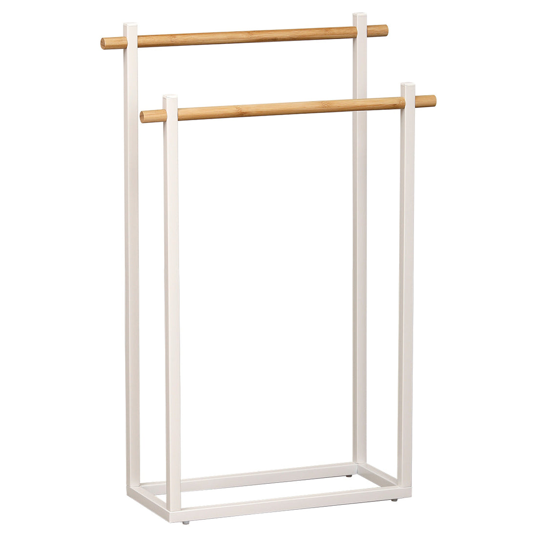 Suport rectangular pentru prosoape din metal cu 2 bare din bambus - Alb/Bambus prezentat într-un decor modern marca Ramos