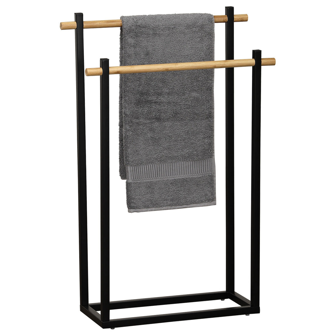 Suport rectangular pentru prosoape din metal cu 2 bare din bambus - Negru/Bambus prezentat într-un decor modern marca Ramos