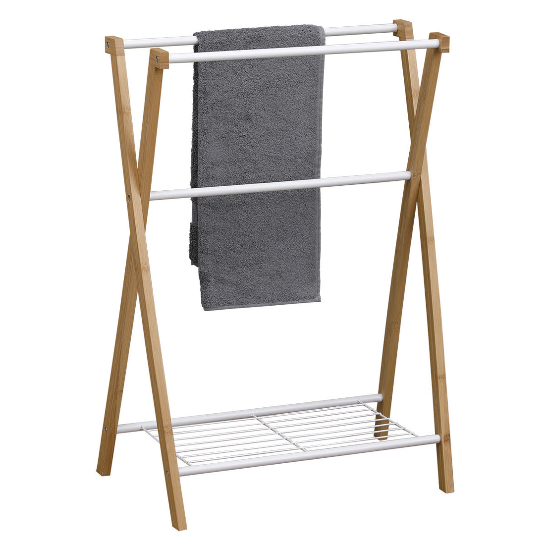 Suport pentru prosoape din bambus și metal cu 3 bare și 1 raft - Alb/Bambus - ramosdecor