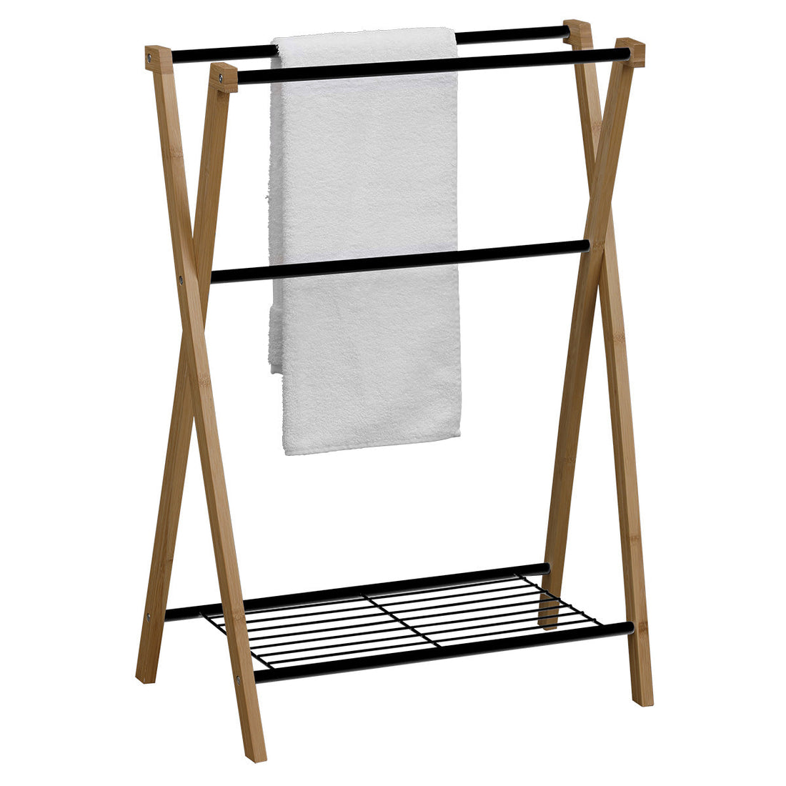 Suport pentru prosoape din bambus și metal cu 3 bare și 1 raft - Negru/Bambus - ramosdecor