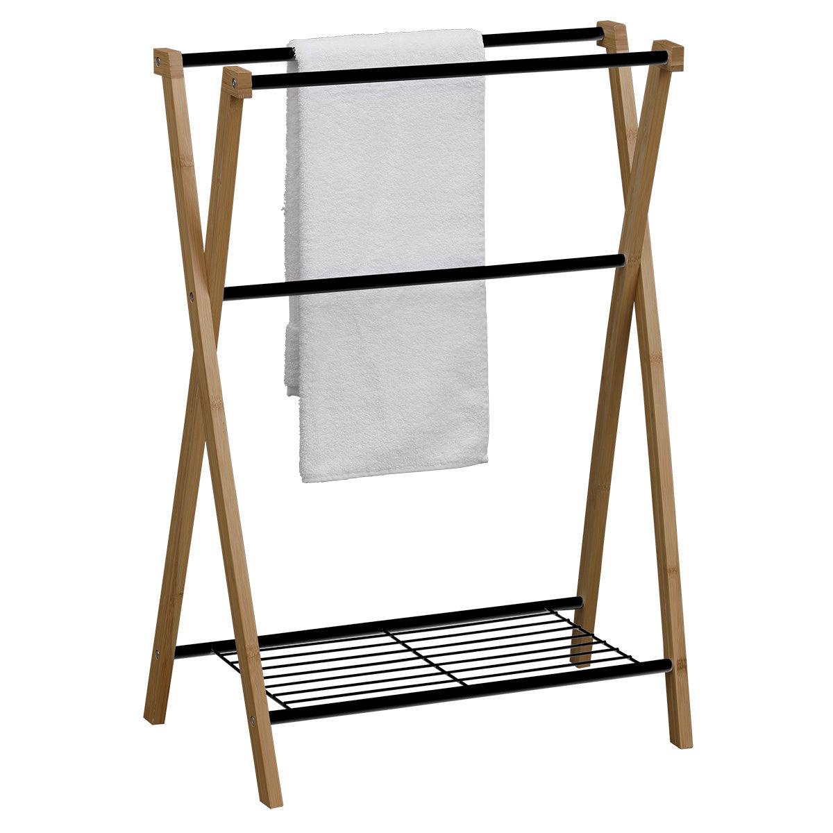 Suport pentru prosoape din bambus și metal cu 3 bare și 1 raft - Negru/Bambus - ramosdecor