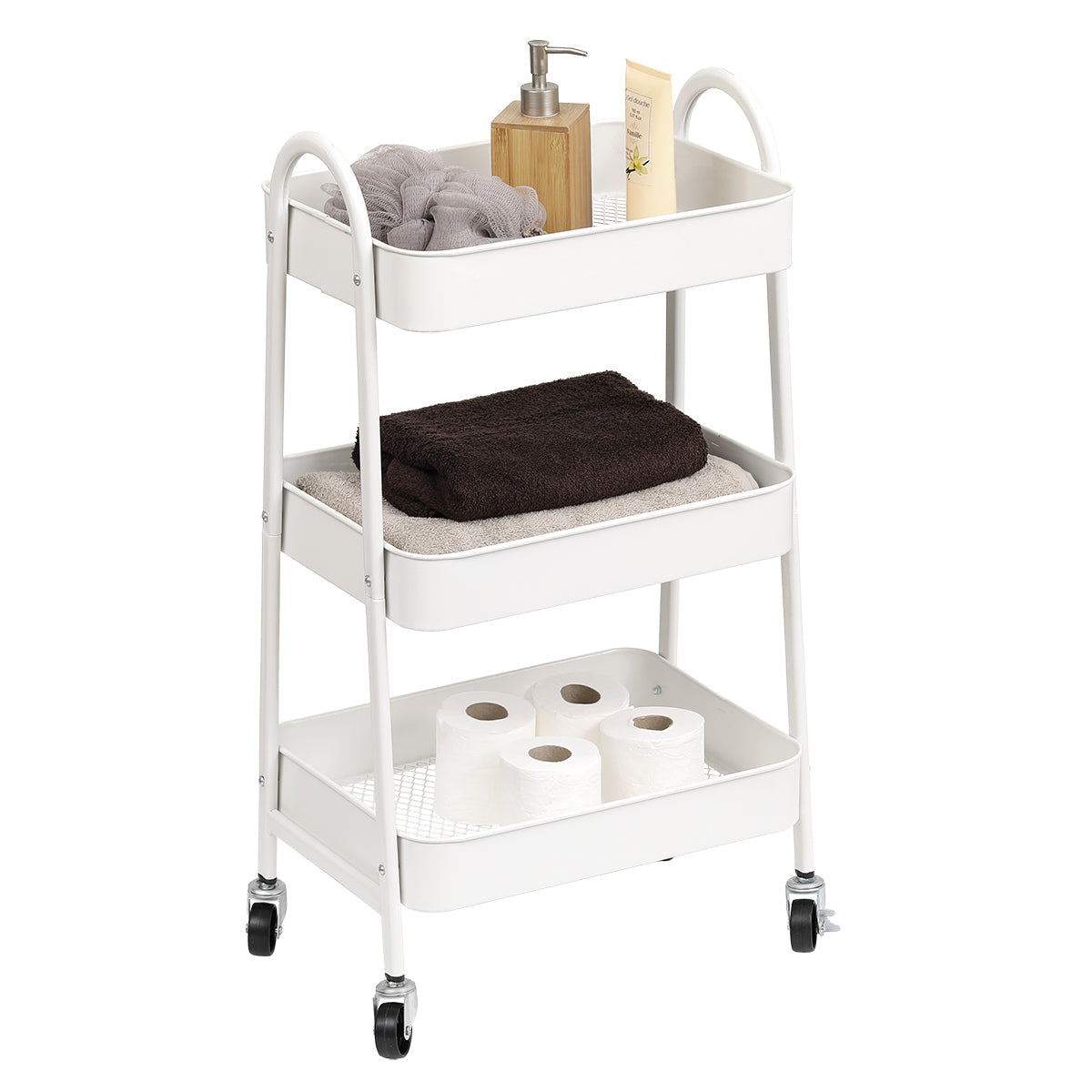 Mobilier Metalic pe Roți cu 3 Rafturi din ABS - Alb - ramosdecor