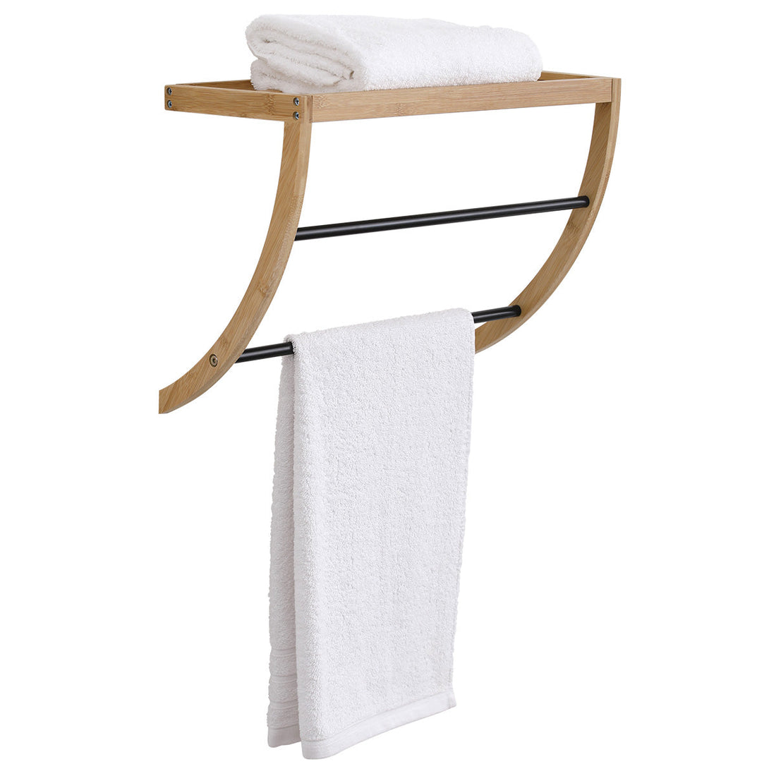Raft de prosop montat pe perete cu 1 raft din bambus și 2 bare din oțel inoxidabil - Negru/Bambus - ramosdecor