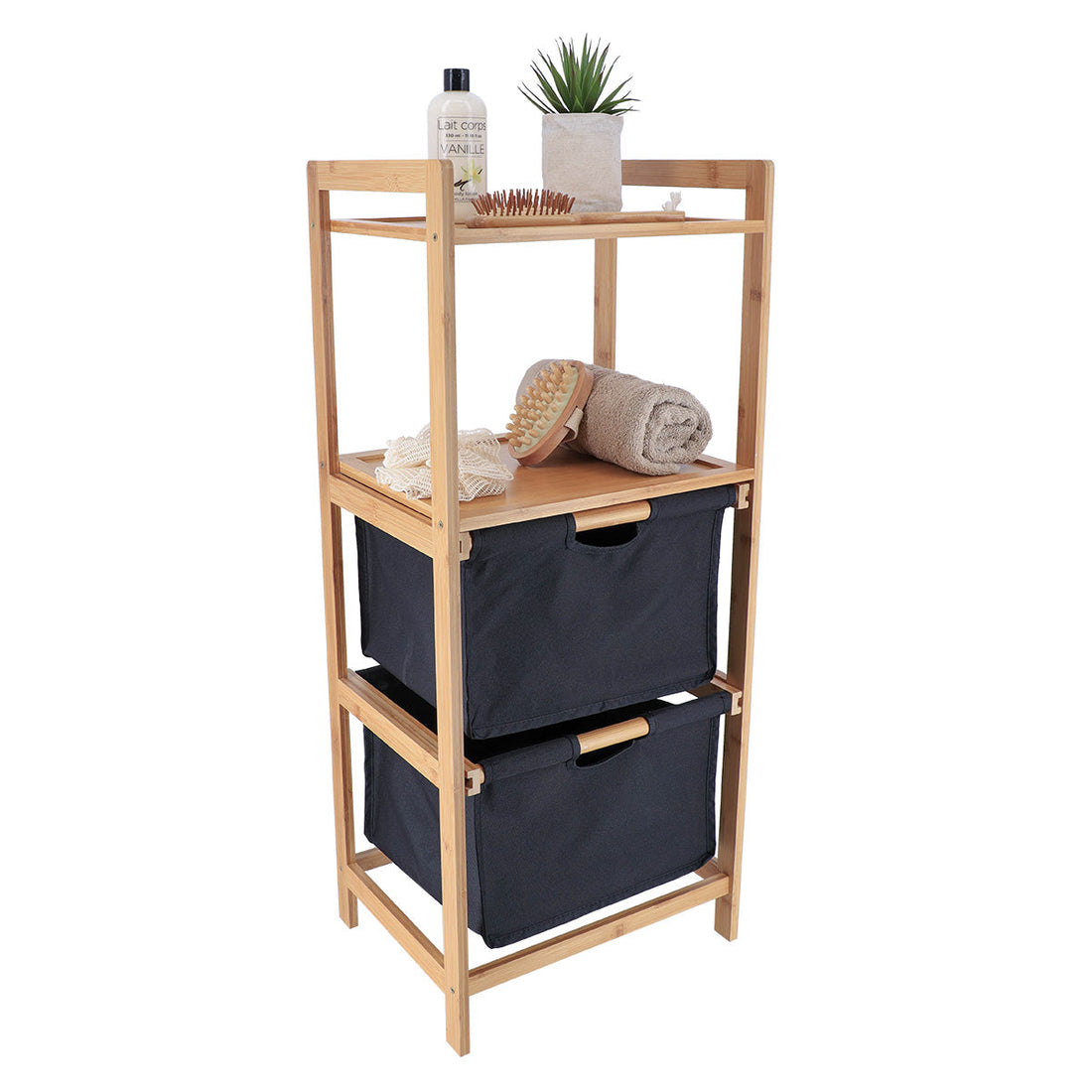 Mobilier din bambus cu 2 coșuri din poliester și rafturi - Negru/Bambus - ramosdecor