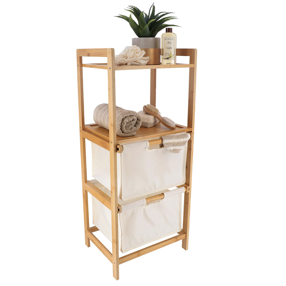 Mobilier din bambus cu 2 coșuri din poliester și rafturi - Alb/Bambus - ramosdecor