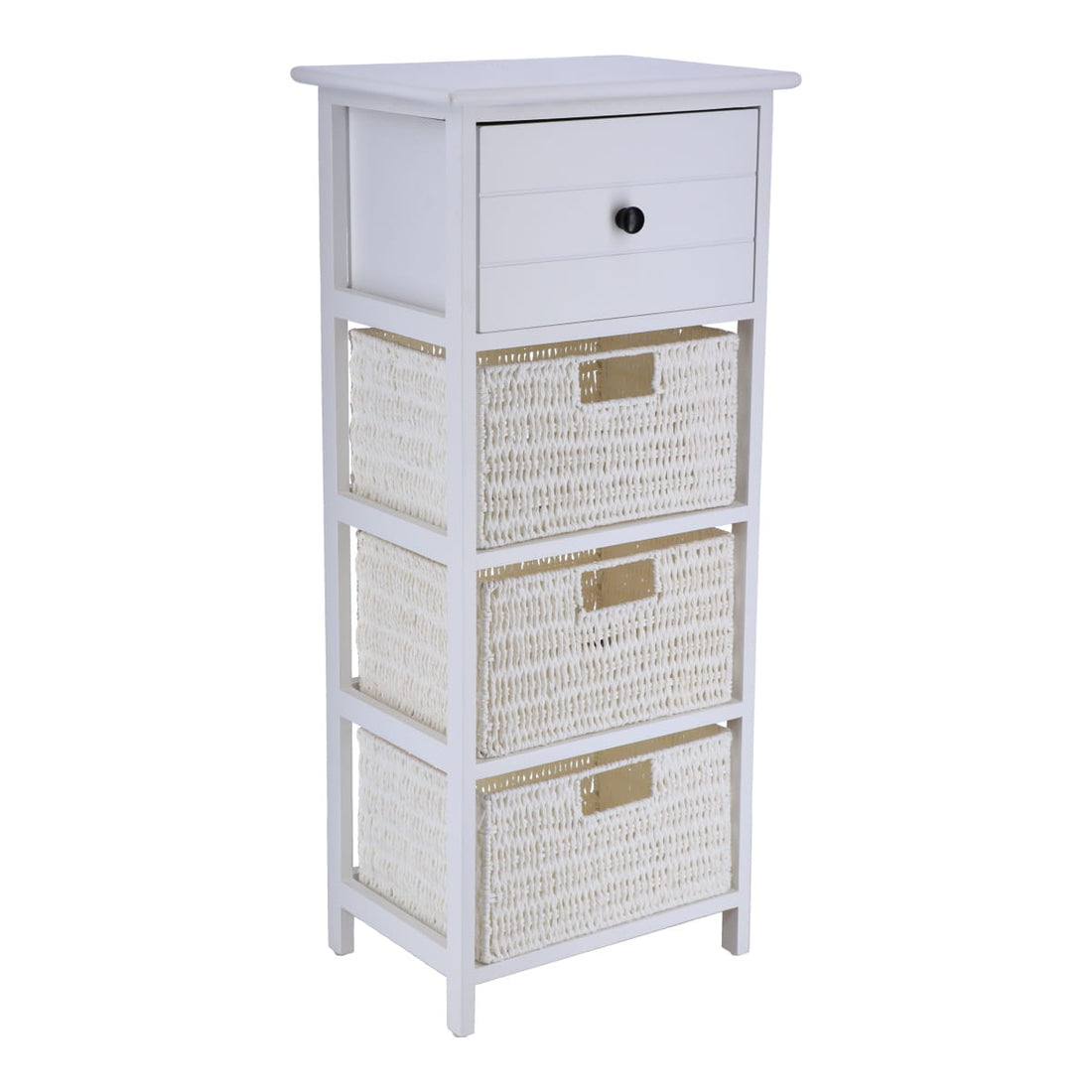 Mobilier din Paulownia/MDF cu 1 Sertar, Buton Negru și 3 Coșuri din Hârtie - Alb - ramosdecor