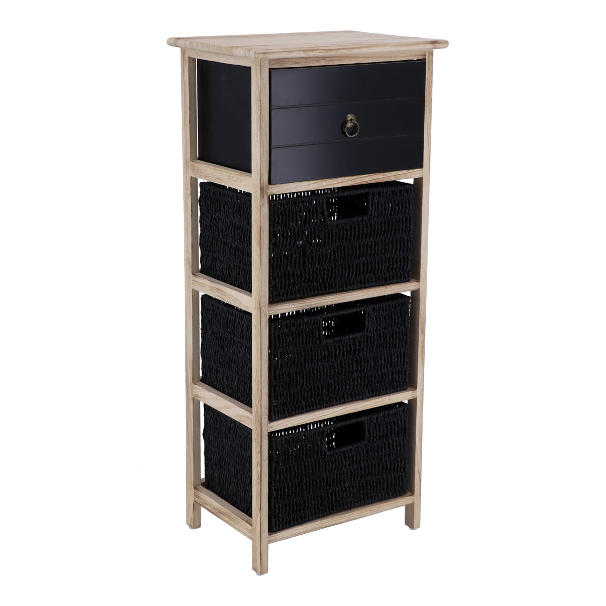 Mobilier din Paulownia/MDF cu 1 Sertar, Buton Negru și 3 Coșuri din Hârtie - Negru/Natural - ramosdecor