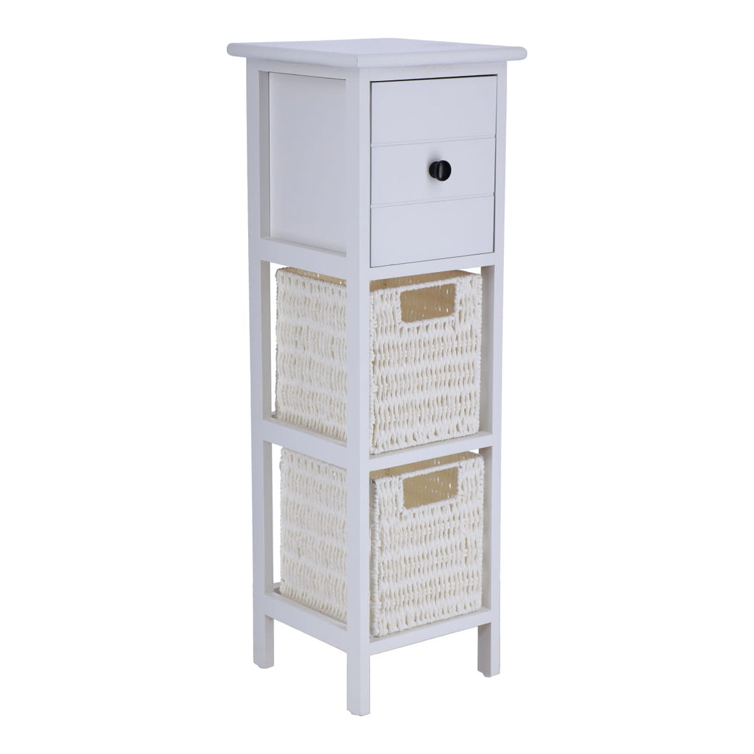 Mobilier din Paulownia/MDF cu 1 Sertar, Buton Negru și 2 Coșuri din Hârtie - Alb - ramosdecor